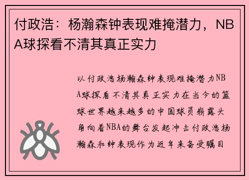 付政浩：杨瀚森钟表现难掩潜力，NBA球探看不清其真正实力